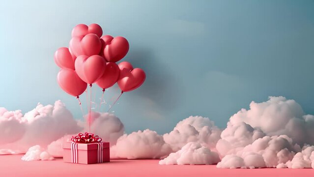 Valentine's day design. Realistic 3d pink gifts box in the clouds. Holiday banner, web poster, flyer, stylish brochure, greeting card, cover. Romantic background pastel background Copy space Happy Val