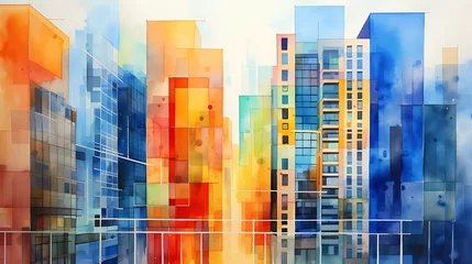 Muurstickers Aquarelschilderij wolkenkrabber watercolor painting Abstract colorful office buildings in the city. generative ai