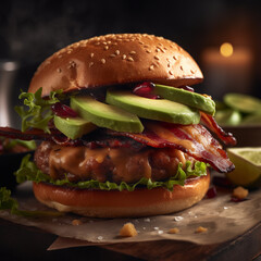 A mouthwatering close-up shot of a gourmet burger loaded with bacon and avocado