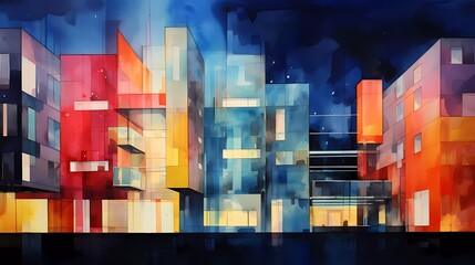 watercolor painting Abstract colorful office building at night. generative ai