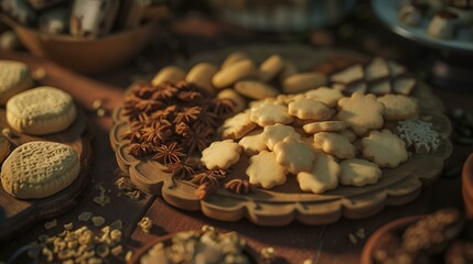 Assortment of cookies on wooden table, closeup. Bakery