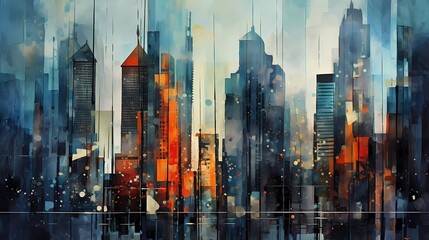 watercolor painting of skyscrapers with abstract grunge. generative ai
