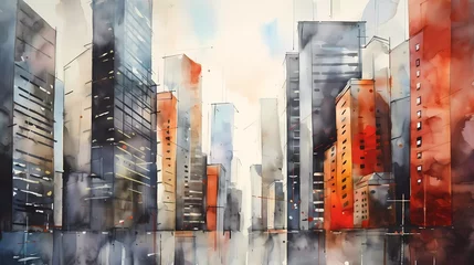 Foto auf Alu-Dibond Aquarellmalerei Wolkenkratzer watercolor painting of skyscrapers with abstract grunge. generative ai