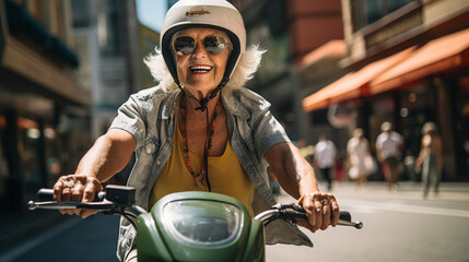 Senior women in her 60ties riding a scooter enjoying her life, retired granny enjoying summer vacation, trendy bike road trip