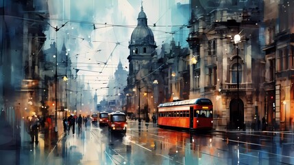 Fototapeta na wymiar watercolor painting digital painting of city streets. generative ai