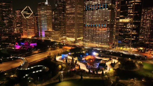 Aerial Drone View of Maggie Daley Park in Downtown Chicago Near Lakefront and Skyscrapers Aerial drone image showcasing Maggie Daley Park in downtown Chicago, Illinois. This high-resolution photo 