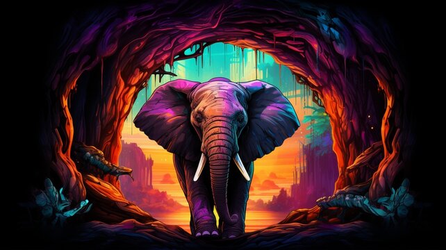 A Elephant sitting on the river bank neon color AI Generated Photo