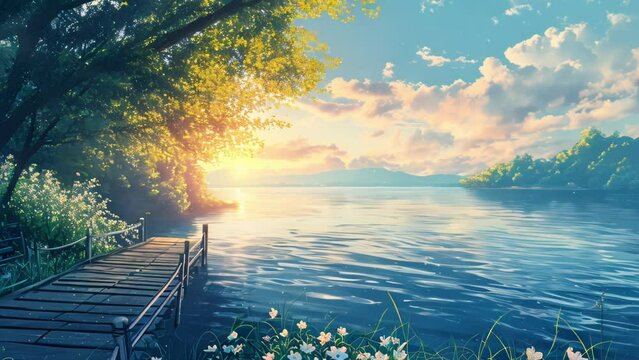 Beautiful water view in anime style. video 4k