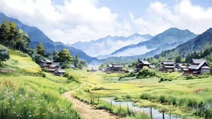 Fototapeta na wymiar watercolor painting of the Oshino Hakkai Village Area. popular place for tourists. generative ai