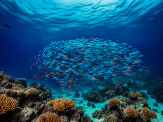 Naklejka na ściany i meble School red fish swimming in blue ocean water tropical under water. Scuba diving adventure in Maldives. Fishes in underwater wild animal world. Observation of wildlife Indian ocean. Copy space