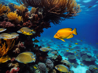Naklejka na ściany i meble Yellow red fish swimming in blue ocean water tropical under water. Scuba diving adventure in Maldives. Fishes in underwater wild animal world. Observation of wildlife Indian ocean. Copy text space