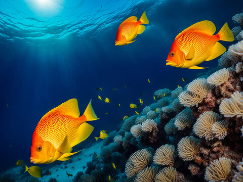 Yellow red fish swimming in blue ocean water tropical under water. Scuba diving adventure in Maldives. Fishes in underwater wild animal world. Observation of wildlife Indian ocean. Copy text space