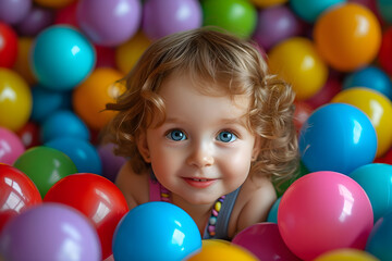 Fototapeta na wymiar Funny kids playing in children entertainment area, joyful baby girl lying on multi colored plastic balls