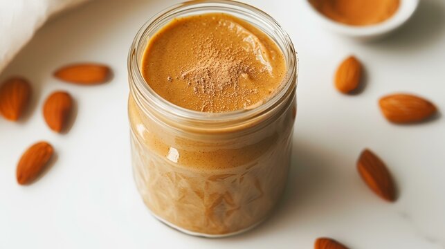 Jar with tasty peanut butter on the table, closeup. Healthy breakfast
