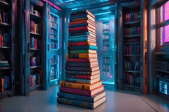 Colorful books stacked in a futuristic library with copy space area. Suitable for use as World Book Day images, backgrounds etc.