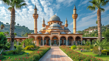 Beautiful View of Jame Asr Hassanil Bolkiah Mosque with Courtyard in Front - Bandar Seri Begawan, Brunei, Southeast Asia - obrazy, fototapety, plakaty