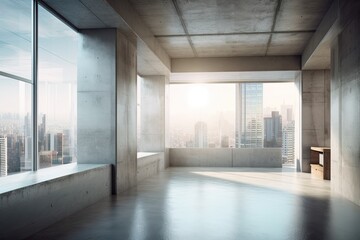 Contemporary concrete gallery interior with windows that look out into the city. Concept for a museum or residence