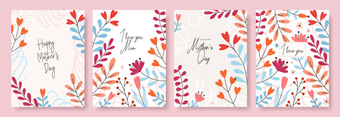 Set of Mother's day greeting cards with abstract flowers, floral frame and hearts. Collection beautiful floral backgrounds. Trendy design concept for template, banner, poster, flyer, label or cover.
