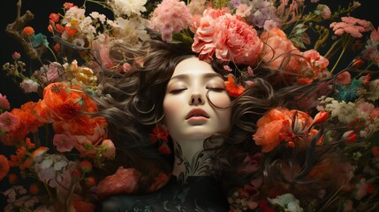 A woman's head cradling a blooming garden, symbolizing the nurturing of positive thoughts in mental health