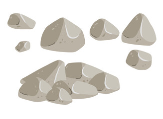 Set of stones. Gray cobblestone. Element of nature and mountains. Items for decoration and background. Flat cartoon. Boulder cobble debris. Block granite material.