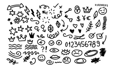 Set of doodle sign. Number, arrow, stars, sparkles line element. Hand drawn pen stroke collection on white background