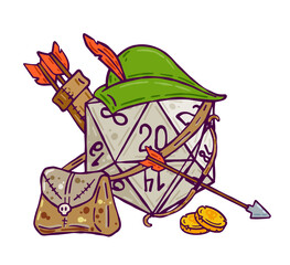 Dice d20 for playing Dnd. Dungeon and dragons board game. Cartoon outline drawn illustration