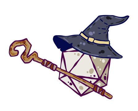 Dice for playing DnD. Tabletop role-playing game Dungeon and dragons with d20. Magical role of sorcerer with witch hat and druid staff.