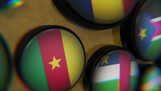 African Flags on golden wireframe globe 3d animation scene dramatically panning across the screen