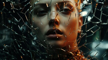 a woman's face reflected in shattered glass, depicting the shattered illusions often associated with mental health struggles