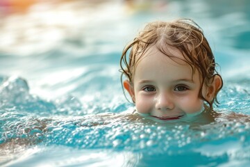 Fototapeta na wymiar Happy child in a water park swimming pool, sunny day