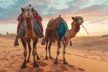 Two camels with ornamental saddles standing near camera while traveling with caravan in desert