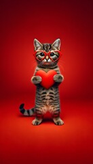 A charming Asian Tabby cat with heart-shaped glasses on a vivid red background for Valentine's Day.
