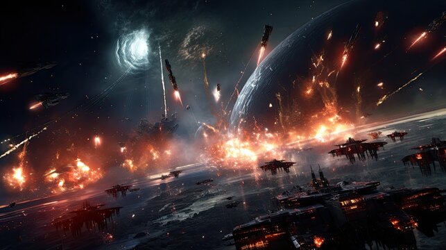 A space battle, with massive starships firing lasers and missiles at each other, creating a dazzling display of lights and explosions.