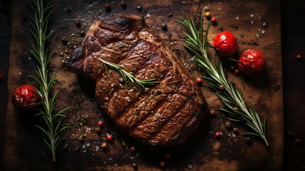 High angle of meat with herbs and garlic