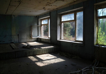 The interior of some abandoned buildings destroyed by time, in the exclusion zone of the city of Pripyat (Ukraine) famous for the Chernobyl disaster