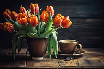 Tulips in a ceramic vase and a cup of coffee in a still life with a hardwood background