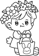 Spring, cute, children and flowers easter bunny hand painted illustration