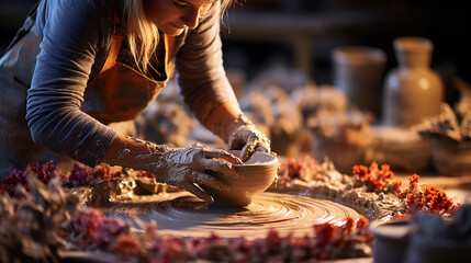 Women's hands sculpt clay on a potter's wheel. Hobbies and work