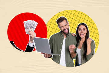Photo collage picture happy couple showing yes gesture winners successful traders income salary...