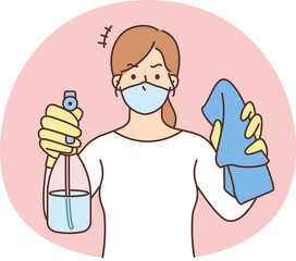 Woman in face mask hold detergents in hands ready for cleaning. Female housekeeper with liquid and cloth. Housekeeping concept.