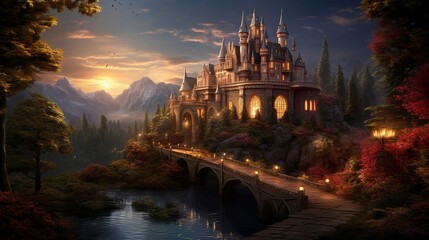 Enchanted Castle: Twilight over the Magical Realm - obrazy, fototapety, plakaty