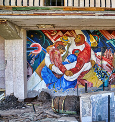 Murals on the walls of some abandoned buildings in the ghostly city of Pripyat (Ukraine) famous for...