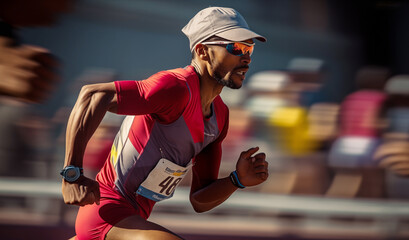 Fast running tired runner black man active Marathoner in protective sunglasses and cap on the olympic stadium while finishing Marathon 42km long run competition. Active people, Olympic Games concept,