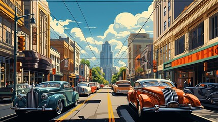 Urban Elegance: Classic Cars and Modern Cityscapes - obrazy, fototapety, plakaty