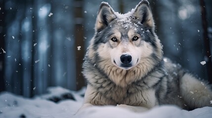 Long-coated gray dog sitting on ground covered with snow