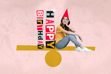 Horizontal creative photo collage of beautiful young smiling birthday girl wear paper cap celebrating holiday at party on pink background