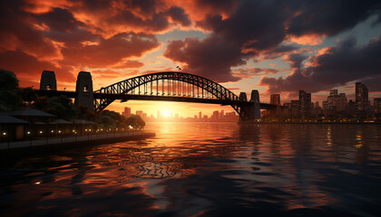 Obraz premium Cityscape at dusk, reflecting in the waterfront water generated by AI