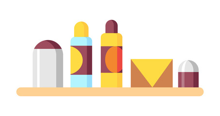 Cartoon bathroom equipment. Shampoo and mouthwash bottle element for dental oral care and others. Flat  design illustration