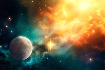 Obraz premium A vibrant view of the universe's birth from Genesis, with light dividing darkness, celestial spheres forming, and the first life blossoming in divine splendor.