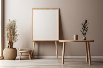 A coffee table and a beige wall are in the foreground of a white blank vertical canvas in a wooden frame. a mockup